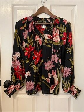 VENUS Black Floral Tie-Neck Blouse with Red & Pink Blooms